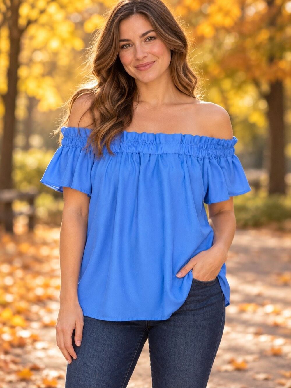 Deby Debo Women’s Large Blue Off Shoulder Ruffle Flutter Sleeve Blouse